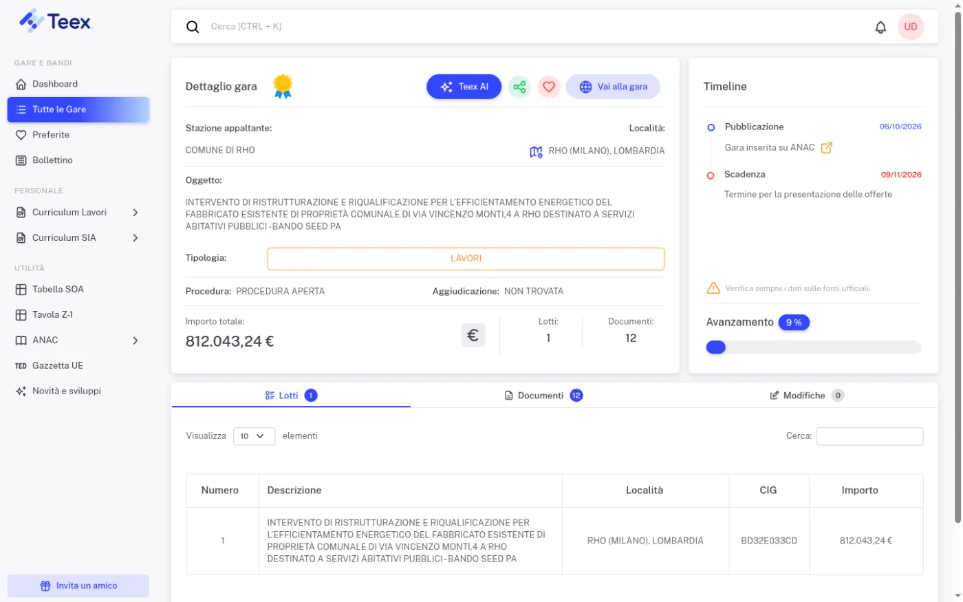 La pagina di dettaglio di una gara su Teex