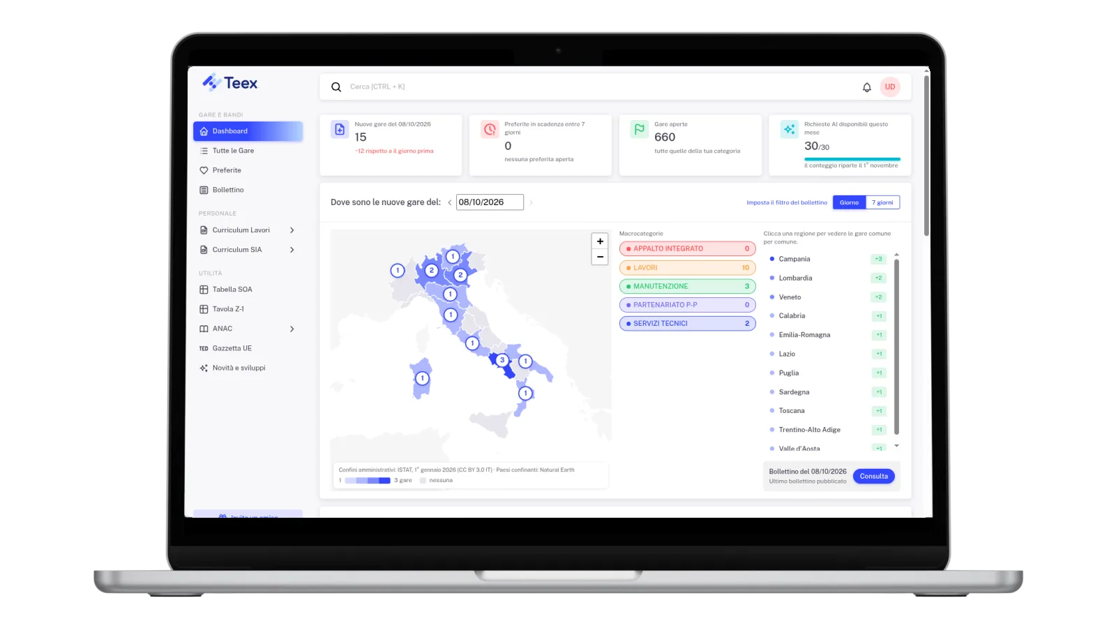 La dashboard di Teex con la mappa delle nuove gare per regione
